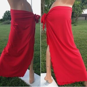 Red Spandex Lycra Tie Side Long Sarong Beach Pool Cruise Dance Wrap Skirt Sz M